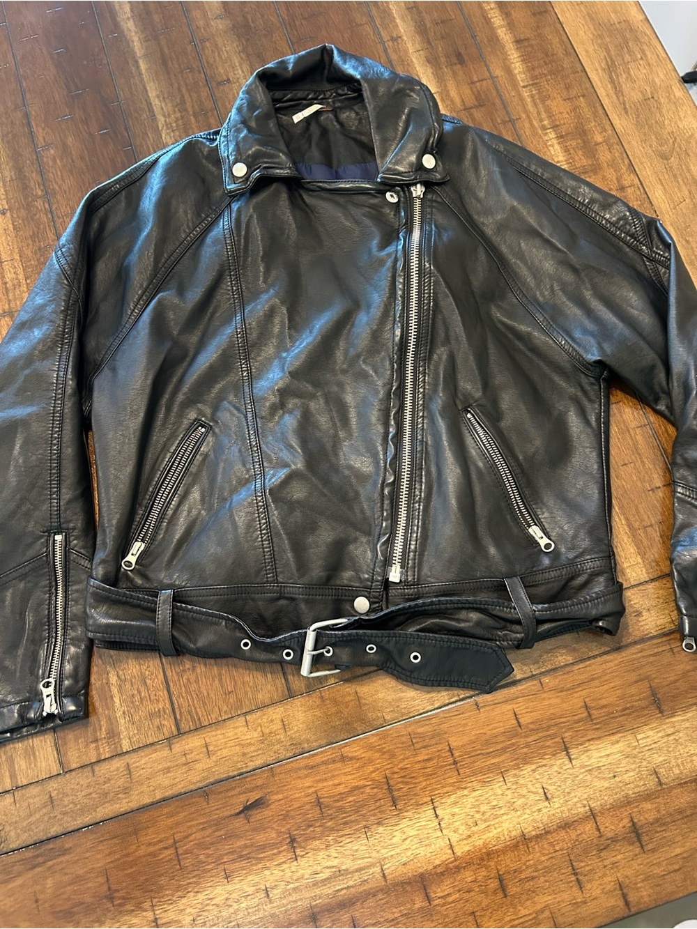 Free People Melanie Moto Jacket XS Black Faux Leather Belted Biker
